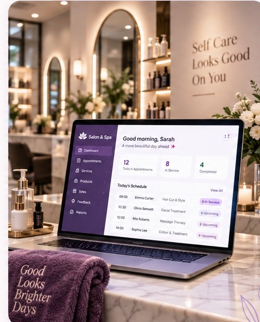 Modern salon interior with a laptop showing a Salon and Spa management dashboard